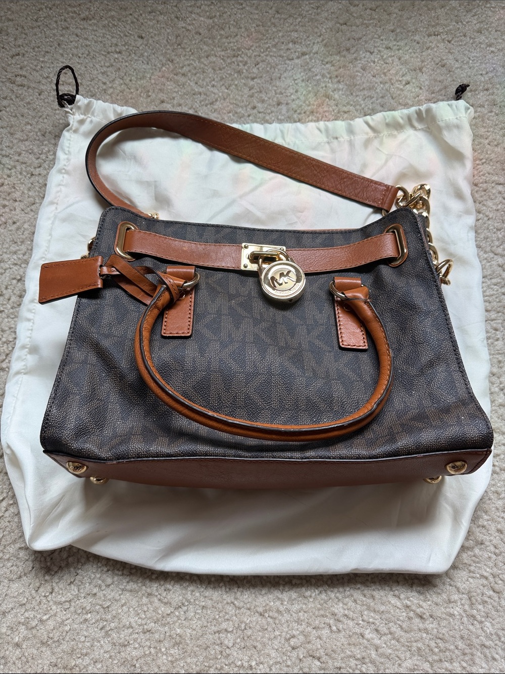 Michael Kors Brown MK Logo Tote with Tan Leather Trim and Gold Hardware